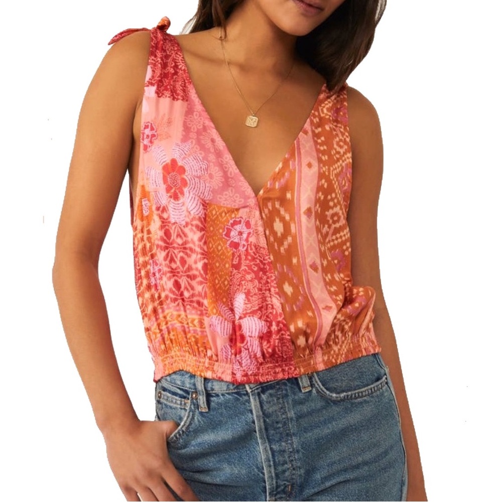 NWT Free People Women's Tied to You Print Surplice Tank in Lemonade Combo - S